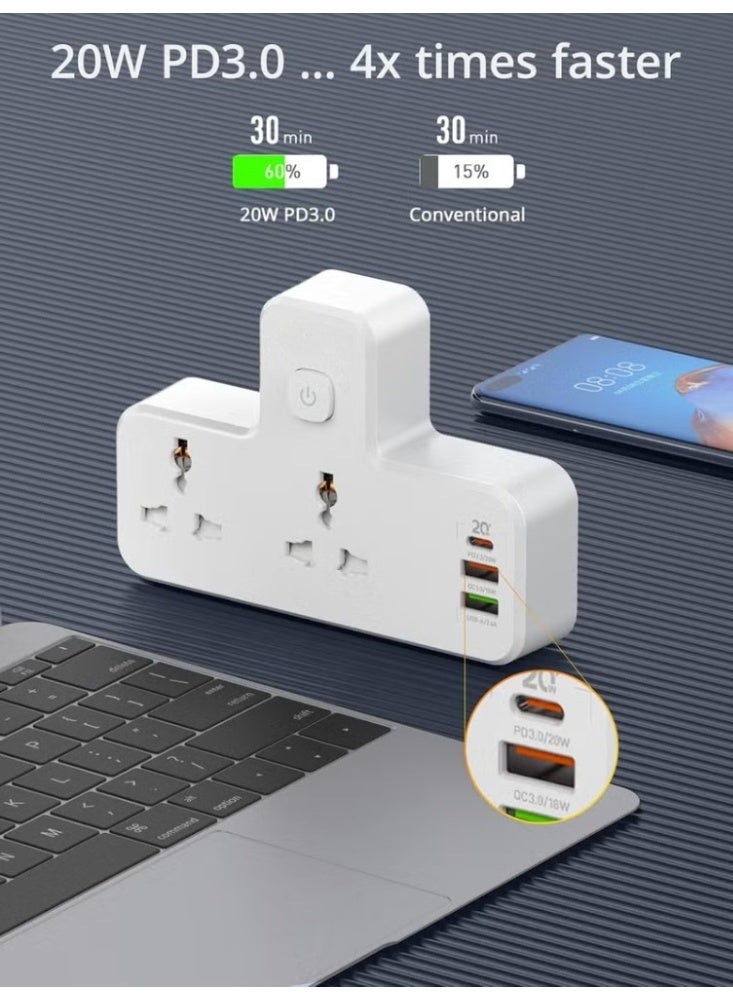 PEGANT 3-in-1 Power Extension Socket with 20W USB-C PD Fast Charging, 2 AC Outlets + 2 USB-A Ports + 1 USB-C Port, Touch Night Light, Compact Multi Plug Adapter - Image 4